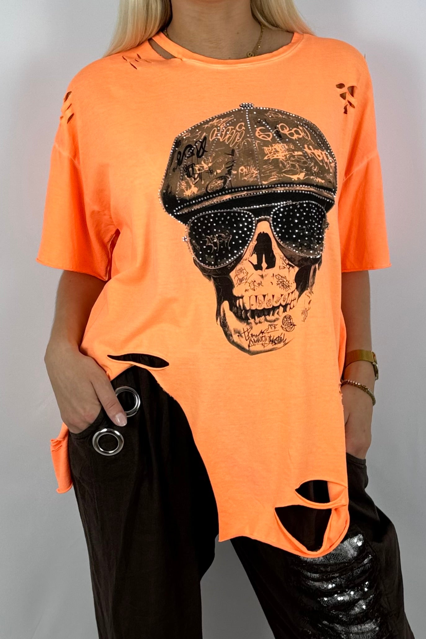 Oversize Shirt mit Skull-Print & Destroyed-Look-Neon Orange