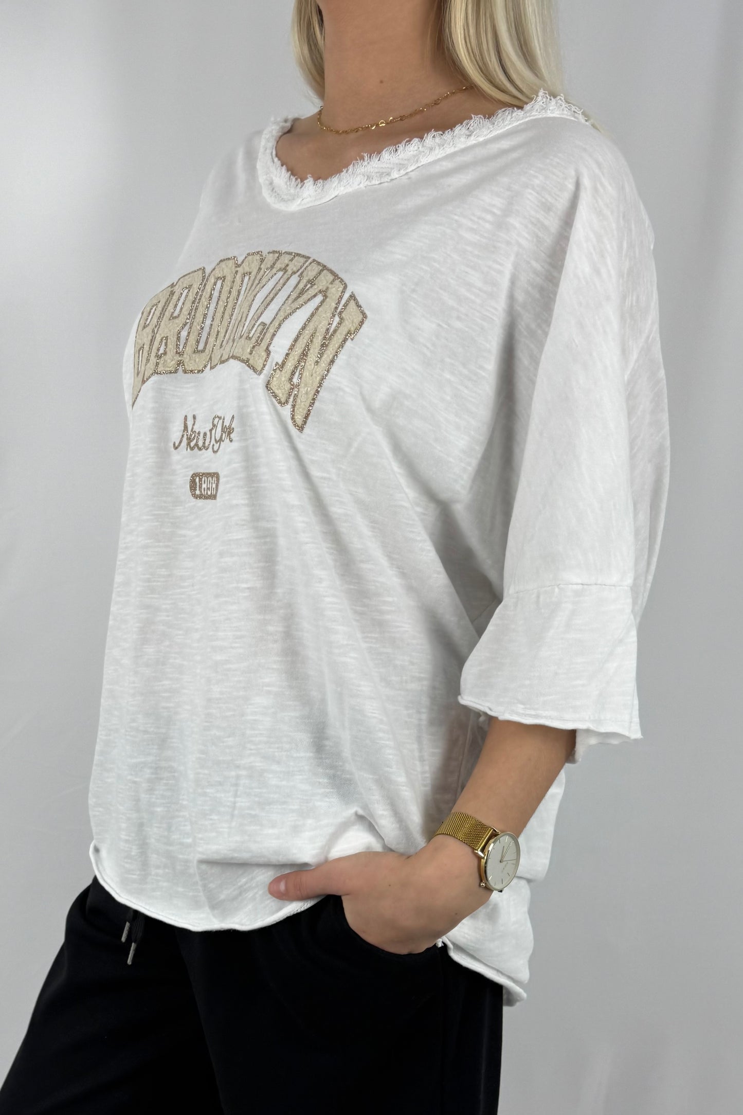 Oversize Damen Shirt mit Brooklyn New York Print-Weiß