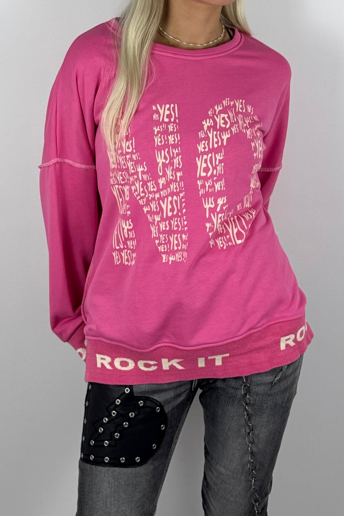 Damen-Sweatshirt mit „NO“-Print und „Rock It“-Bündchen-Pink