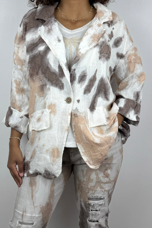 Oversize Damenbluse mit Batikmuster aus 100% Leinen
