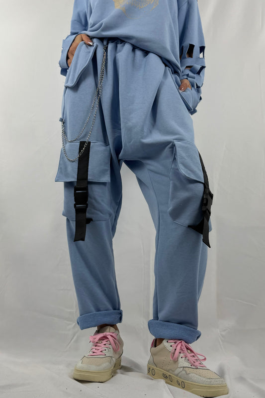 Cargo Jogpants mit Kette & Taschen –Hell Blau