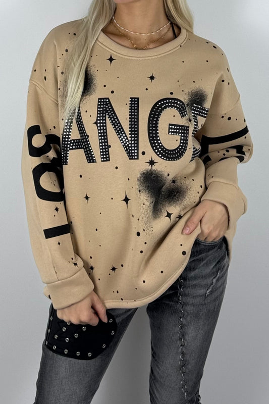 Damen-Sweatshirt mit „Los Angeles“-Schriftzug und Glitzersteinen - Beige