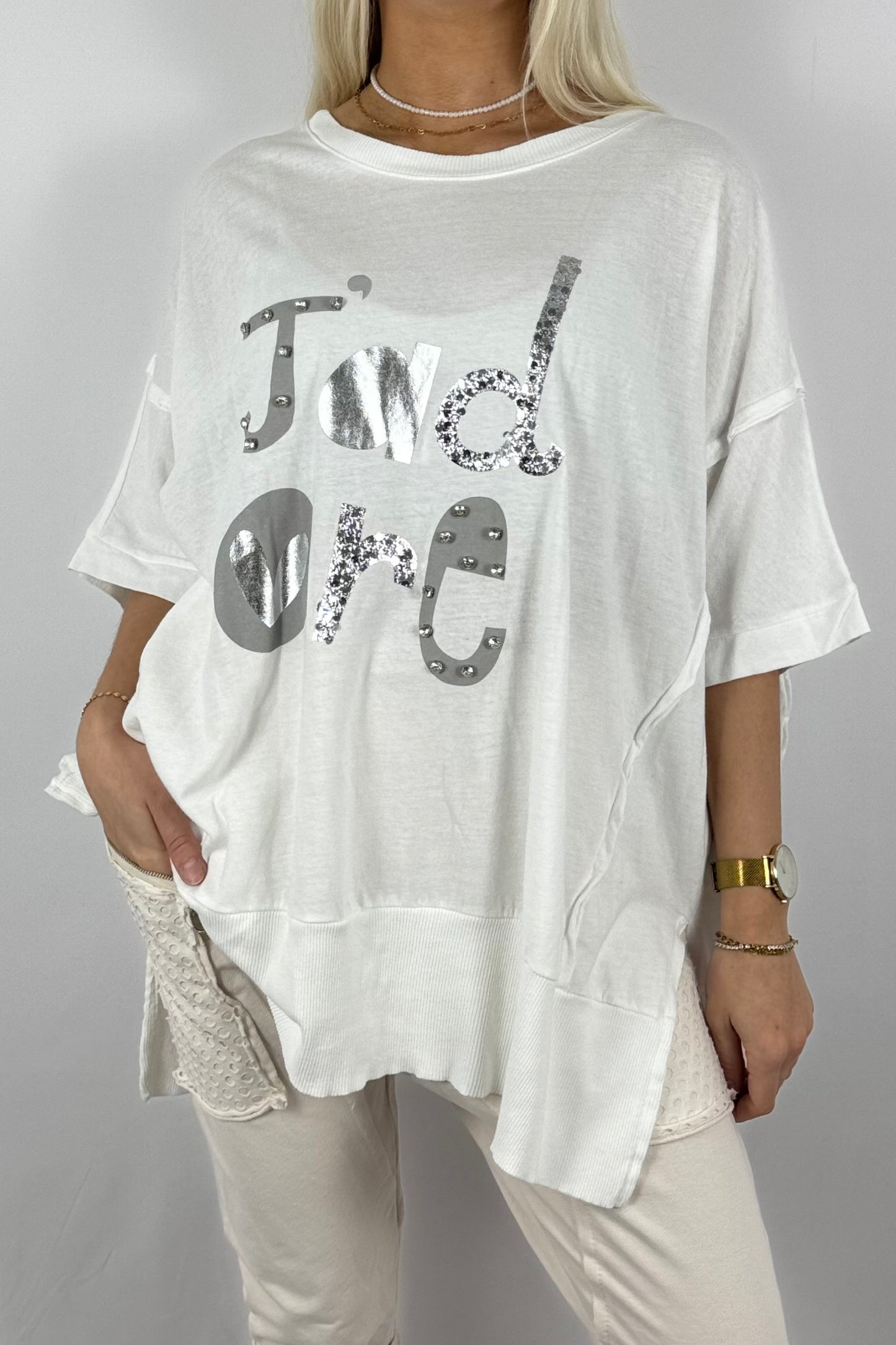 Oversize-Shirt „J’adore“ mit Glitzer-Print-Weiß