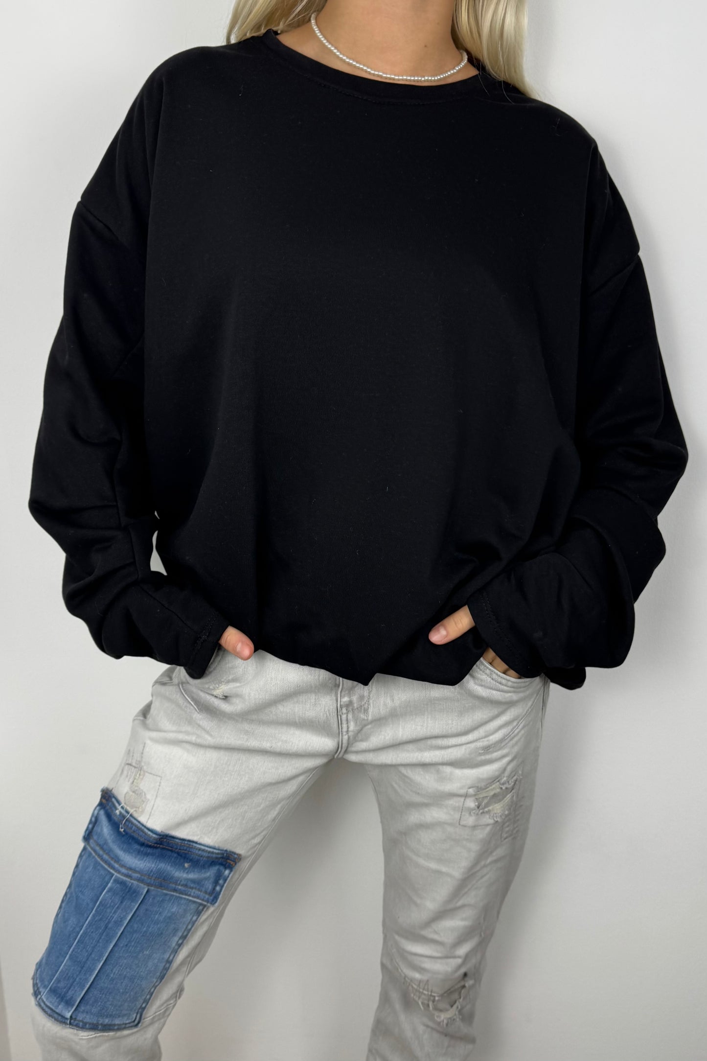 Oversize Sweatshirt mit Faltendetail –Schwarz