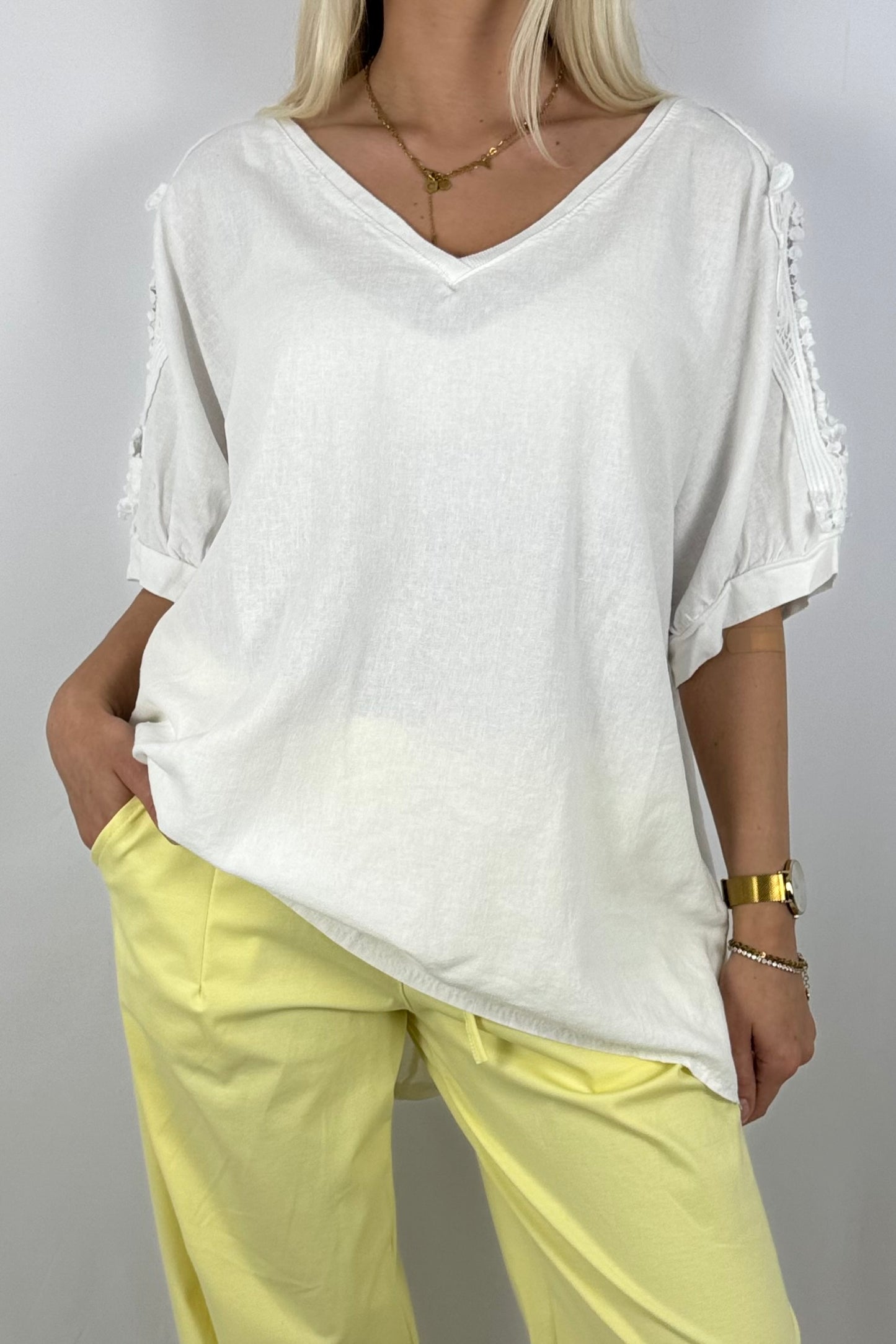Leinen-Viscose Shirt mit Häkelspitze – luftig & feminin-Weiß