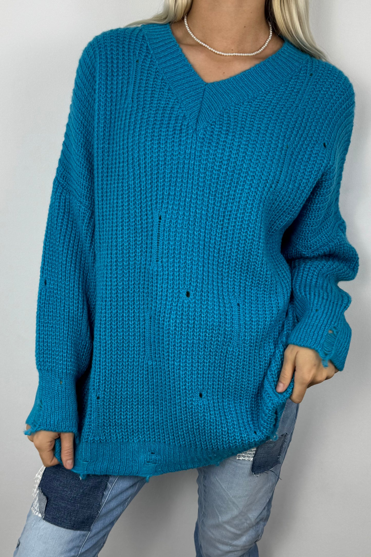 Oversize Strickpullover mit V-Ausschnitt – Turquoise