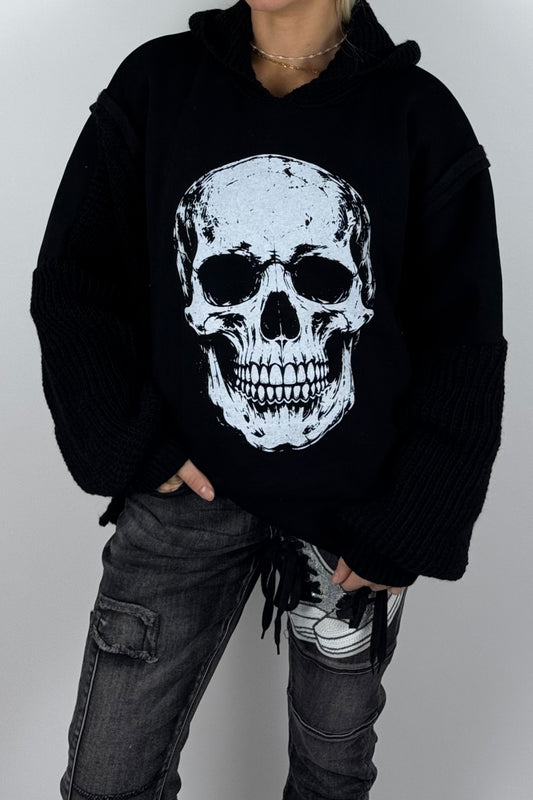 Damen-Hoodie mit Totenkopfprint und Strickdetails-Schwarz