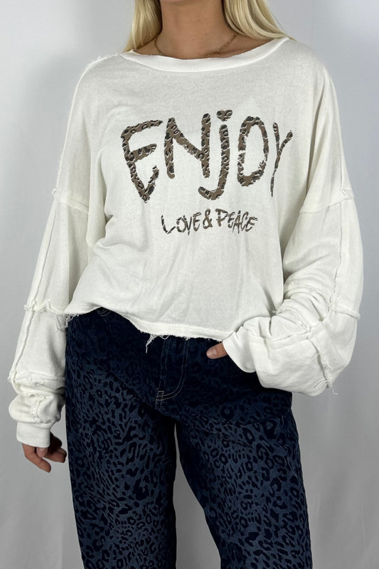 Damen Sweatshirt „ENJOY LOVE & PEACE“ – Leo Print-Weiß