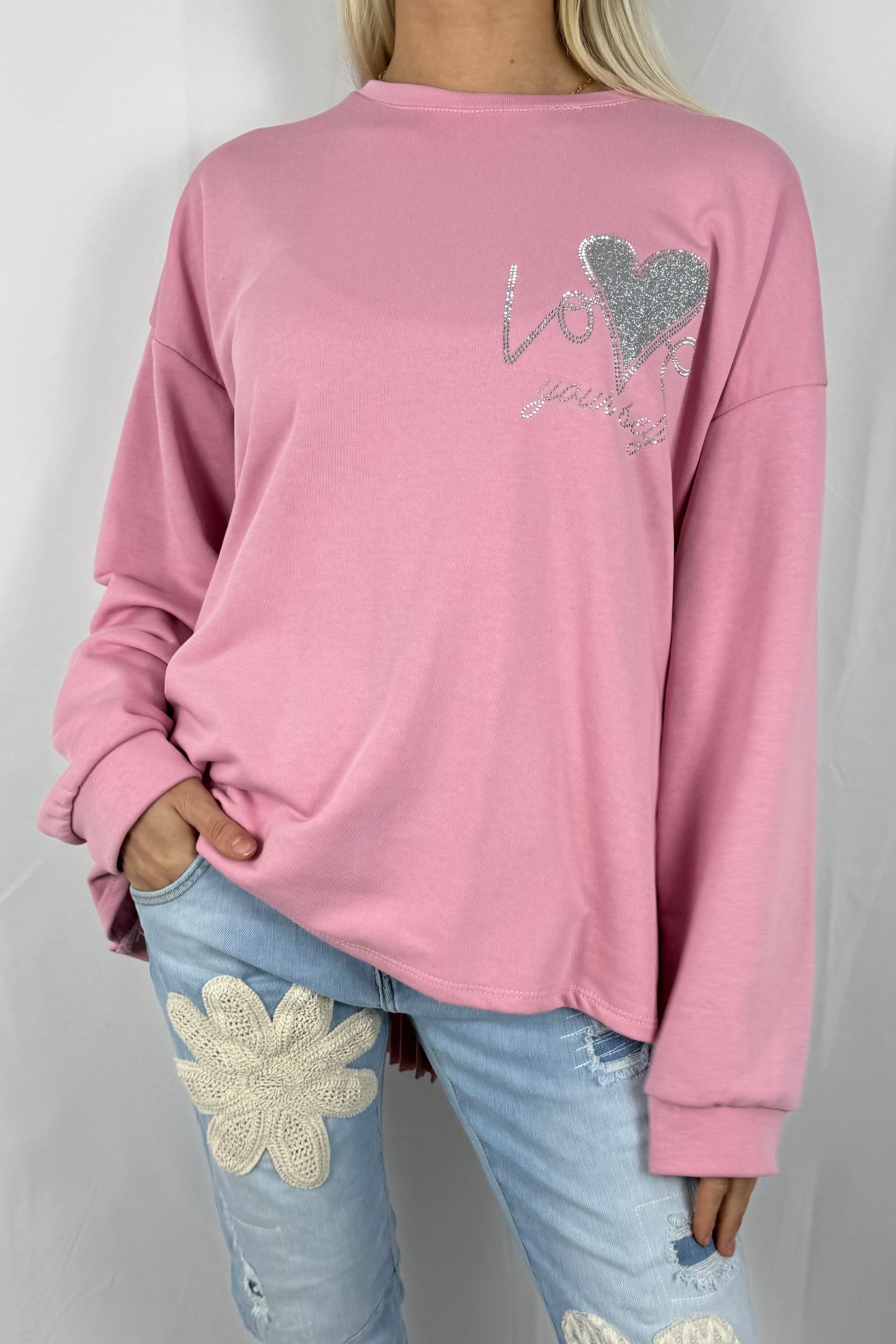 Damen Sweatshirt mit Glitzer Herz & Plissee Einsatz-Rosa