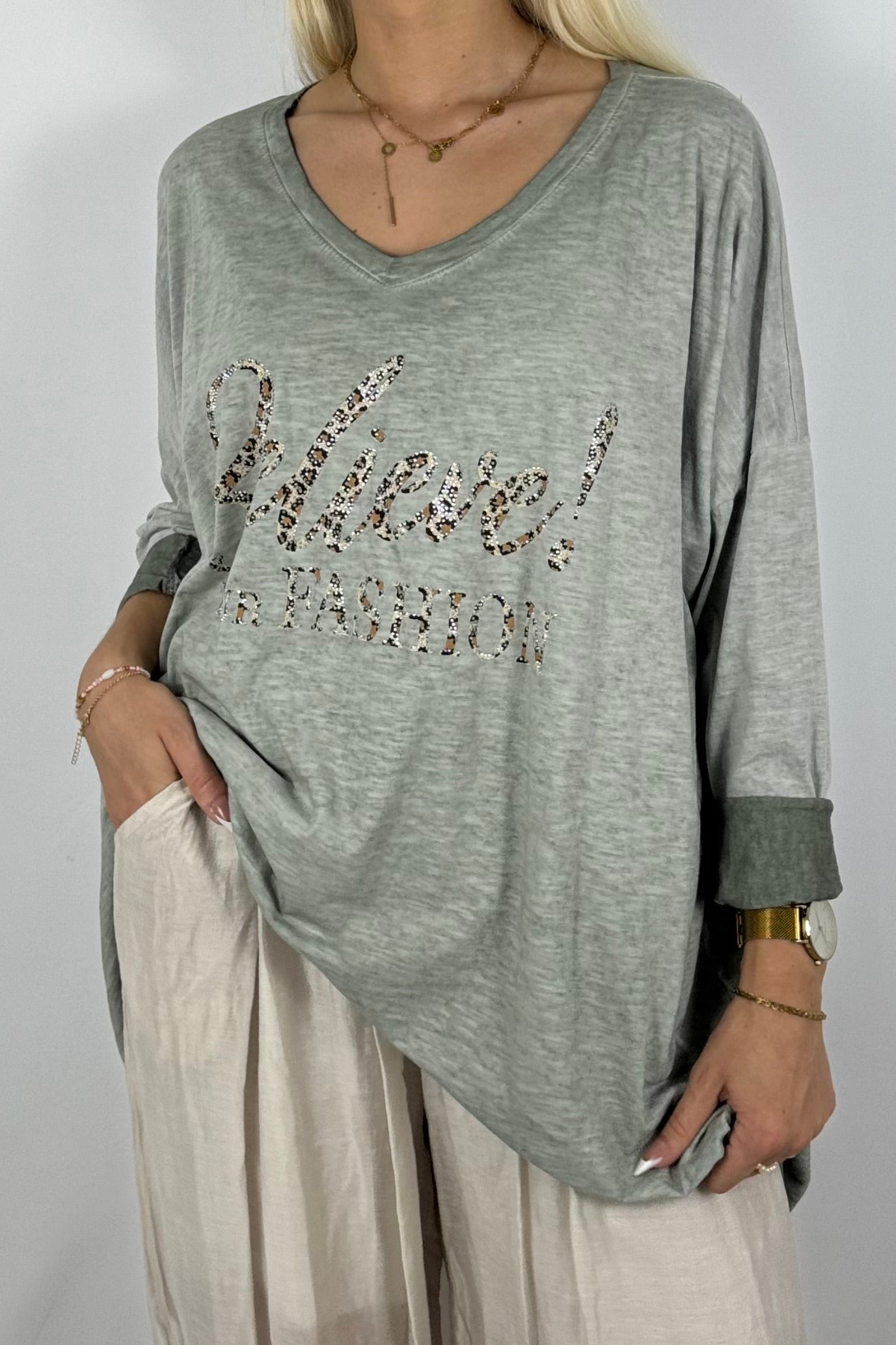 Oversize-Shirt mit Statement-Print-Khaki