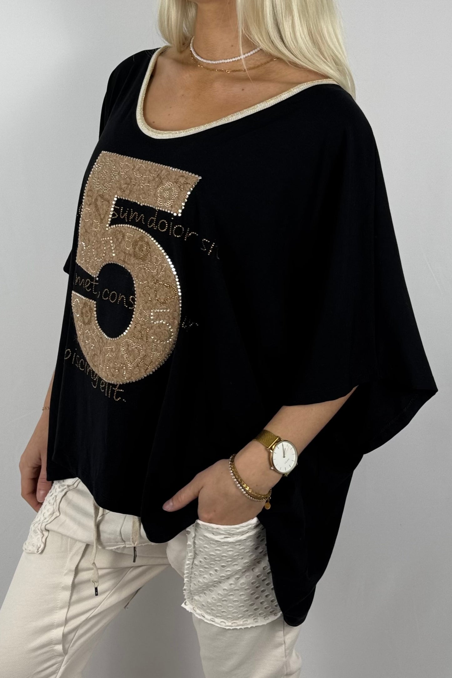 Oversize-Shirt mit Strass-Applikation „5“-Schwarz