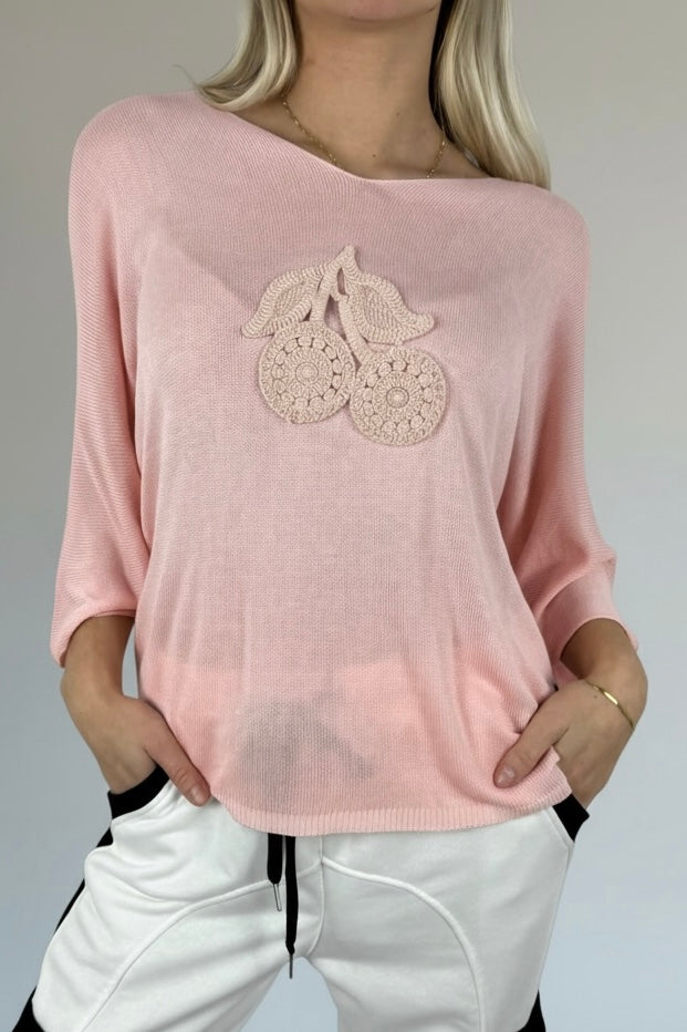 Shirt mit V-Ausschnitt & gehäkelter Applikation-Rosa