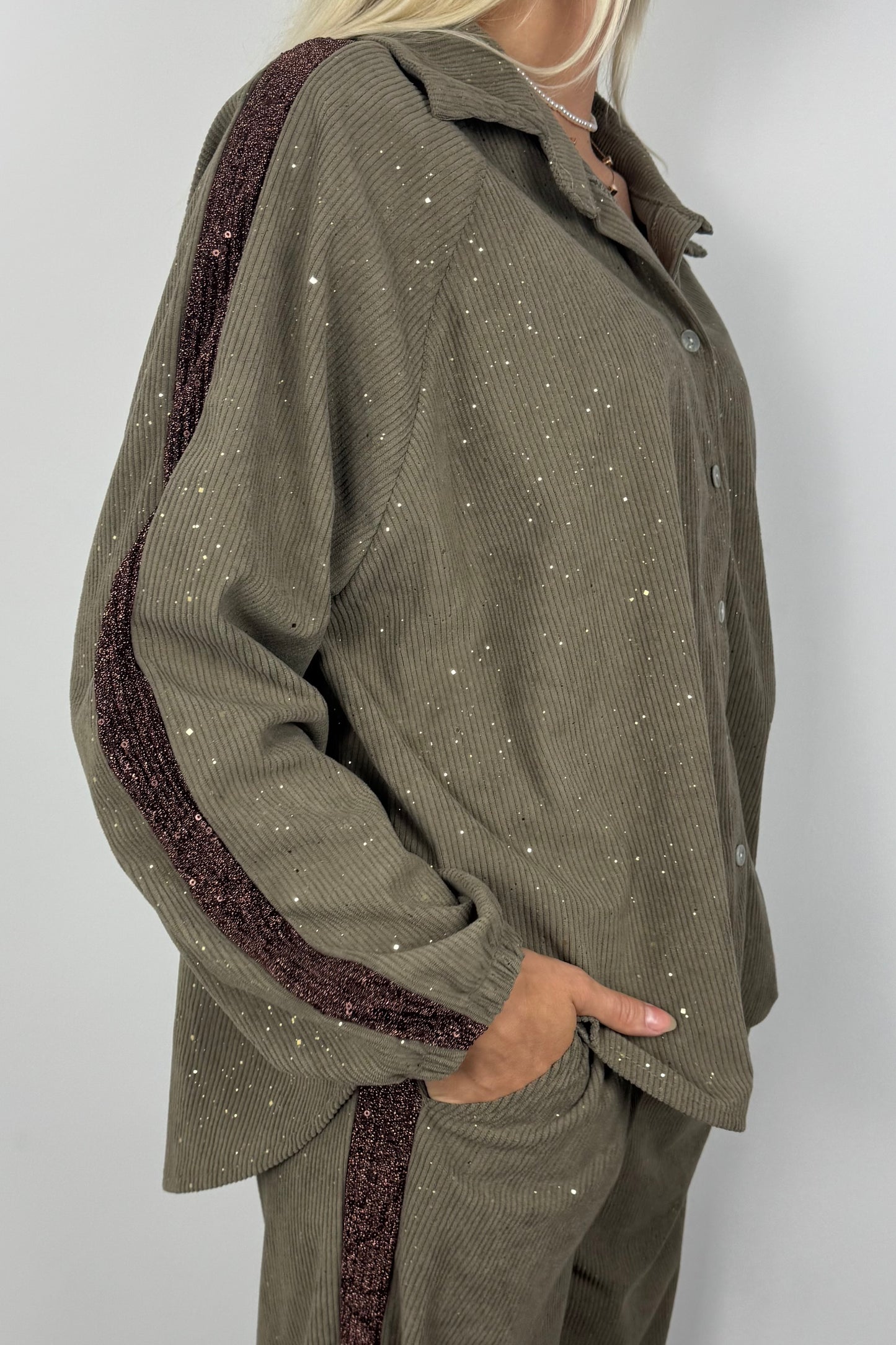 Cordbluse mit Glitzerdetails –Braun