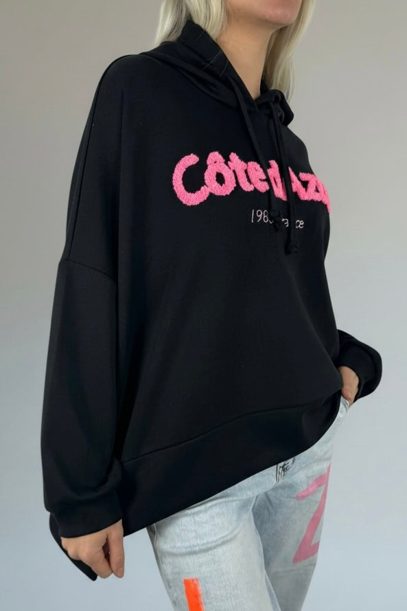 Oversize Hoodie mit Schriftzug „Côte d’Azur“-Schwarz