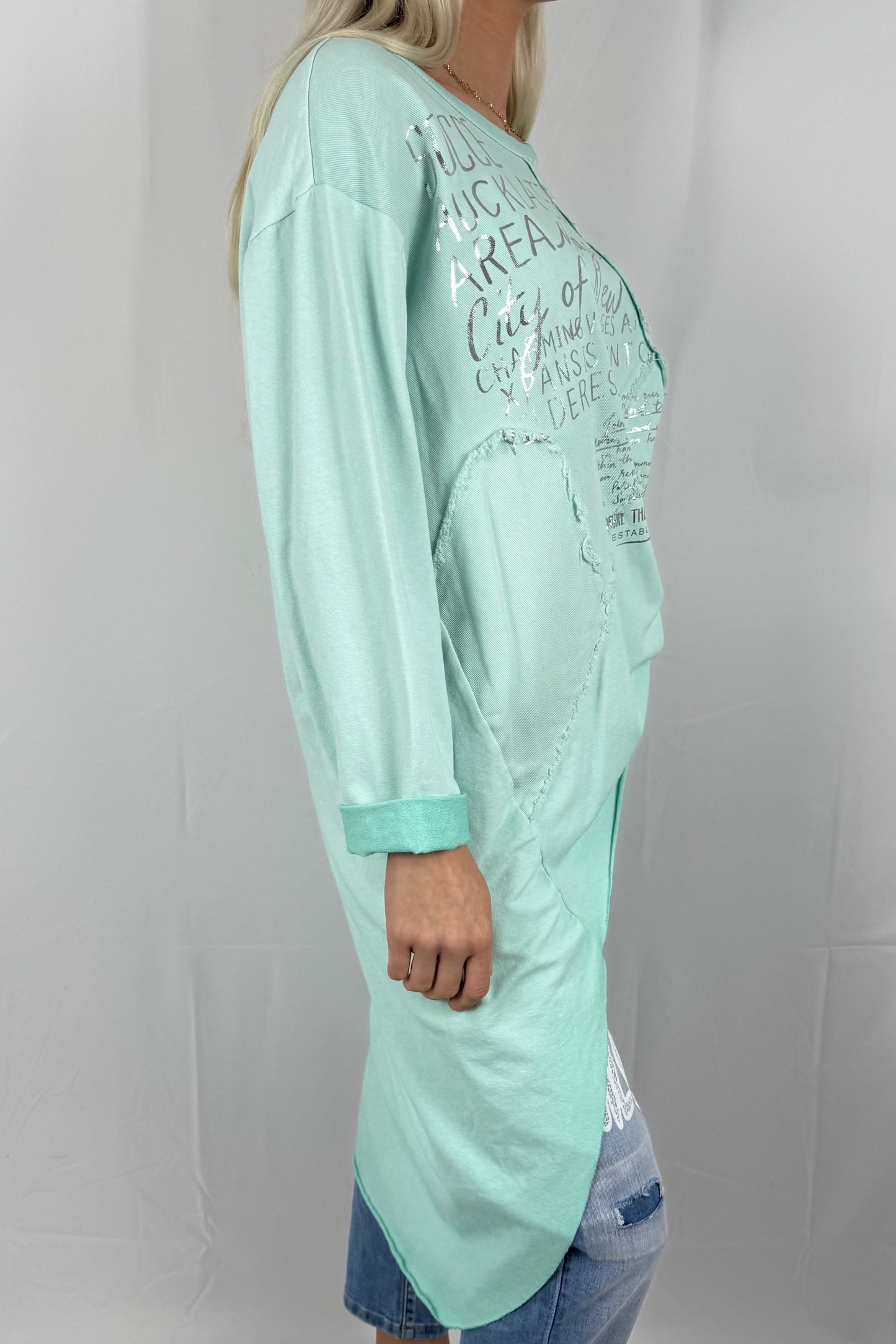 Damen Oversize Longshirt mit Schrift Print-Mint