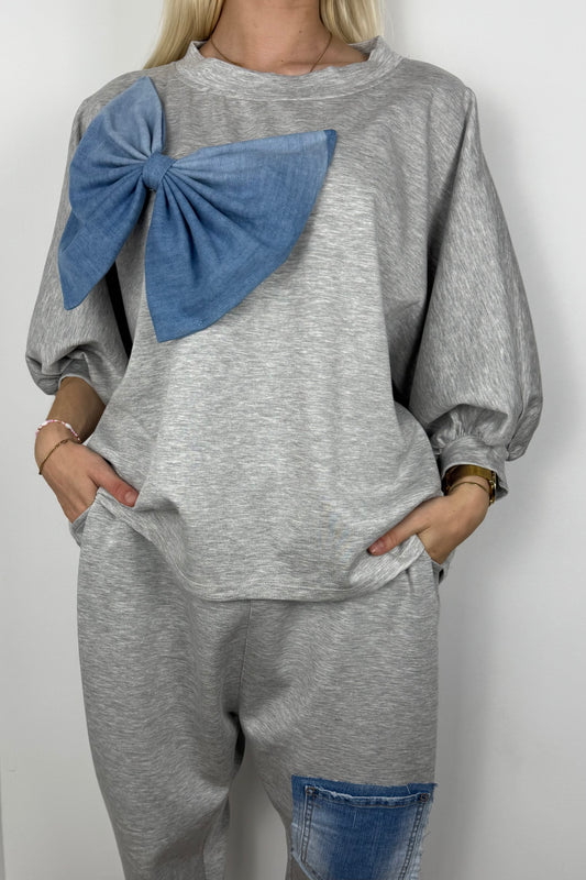Shirt mit XXL-Schleifen-Detail-Grau
