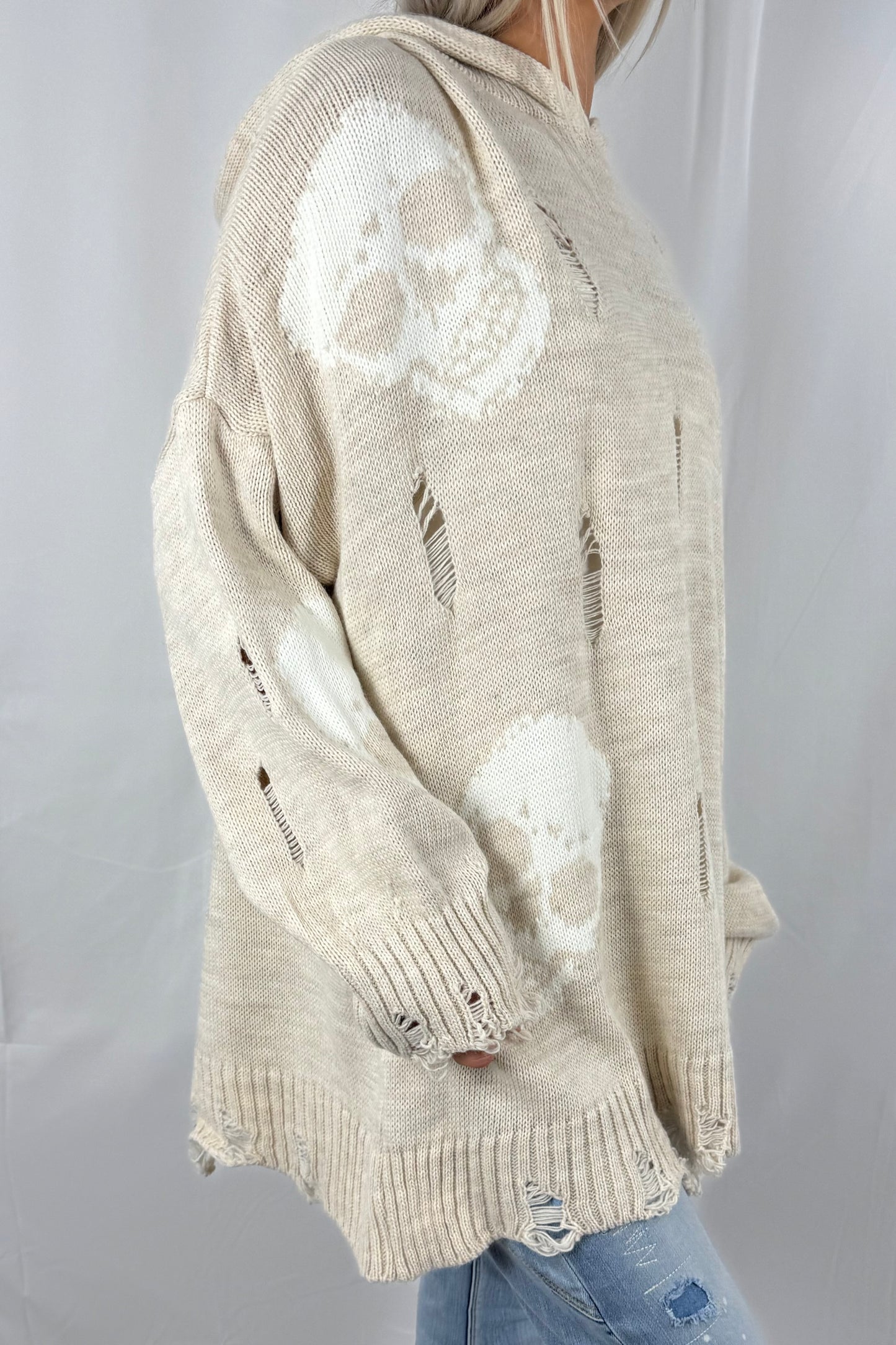 Pullover mit Totenkopf-Print und Kapuze-Beige