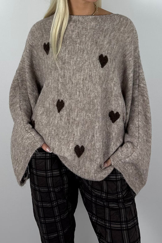 Damen Oversize-Strickpullover mit Herzmuster-Mud