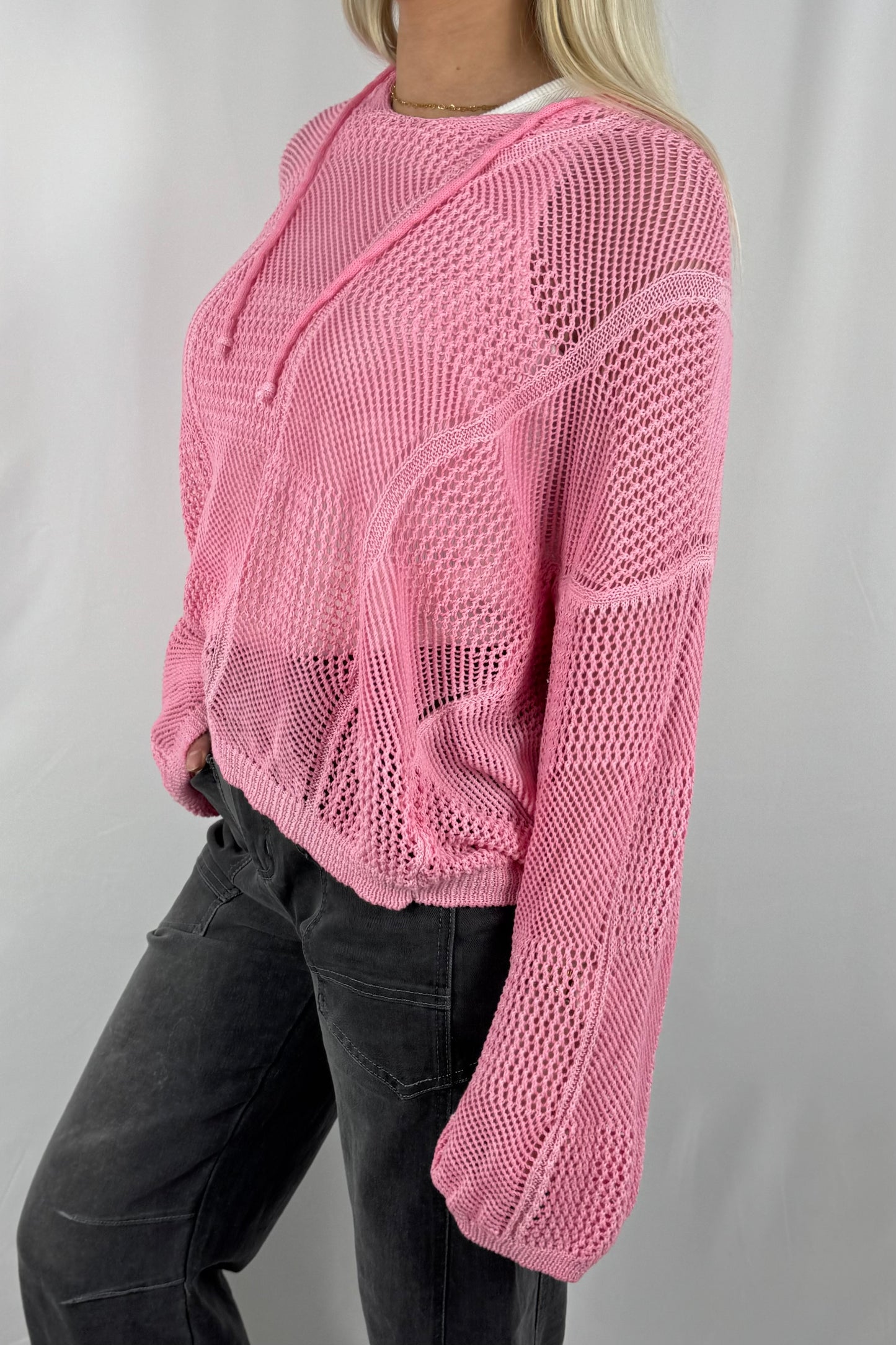Damen Strick Sweatshirt mit Netzstruktur-rosa
