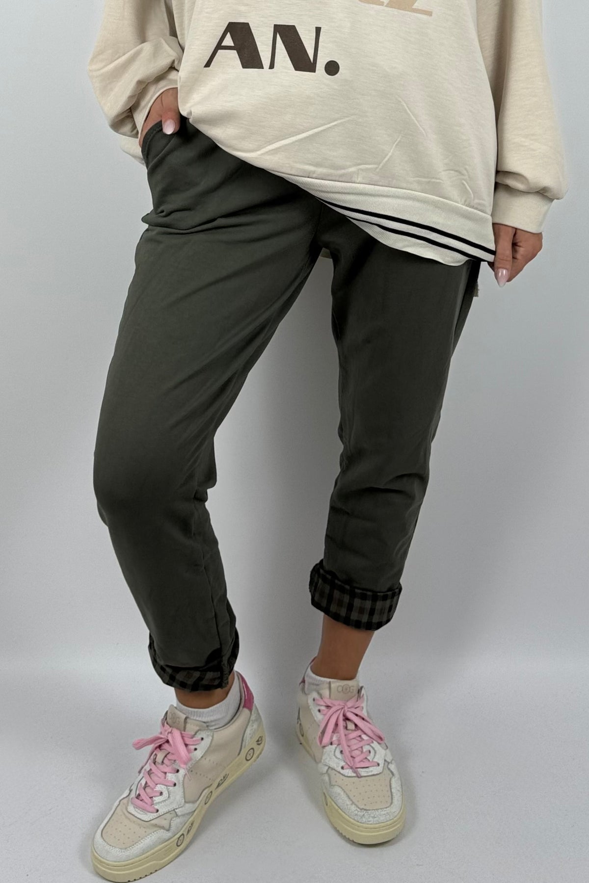 Damenhose mit Karomuster-Details & Bindegürtel-Khaki