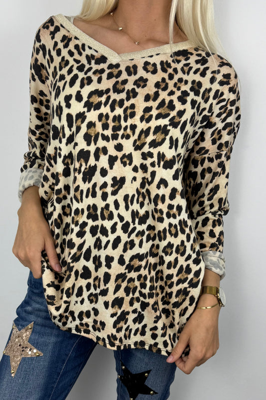 Modisches Shirt mit V-Ausschnitt und Animal-Print –Beige