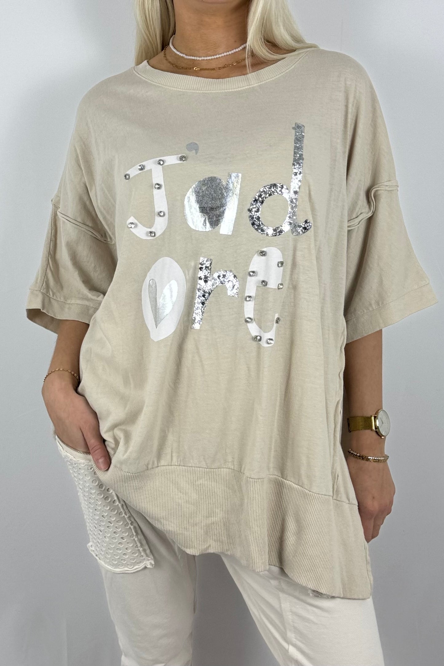 Oversize-Shirt „J’adore“ mit Glitzer-Print-Beige