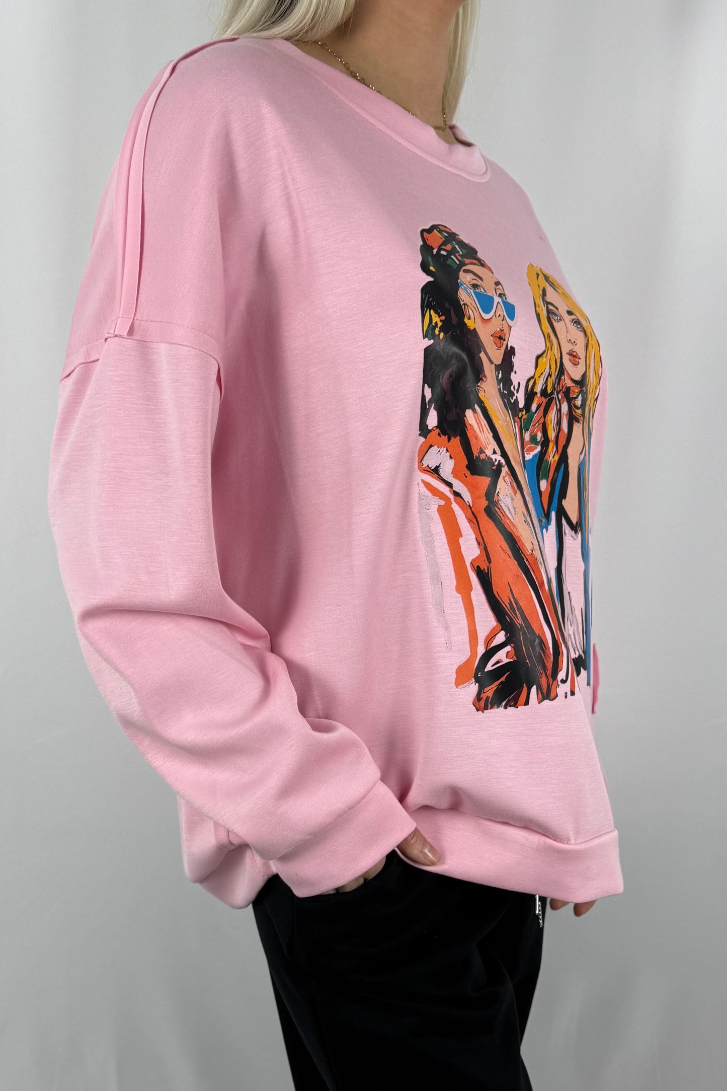 Oversize Damen Sweatshirt mit Fashion Print-Rosa