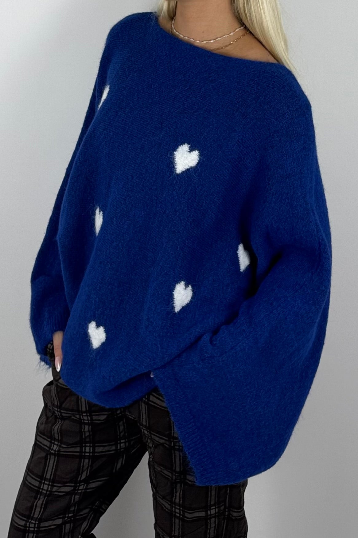 Damen Oversize-Strickpullover mit Herzmuster-Blau