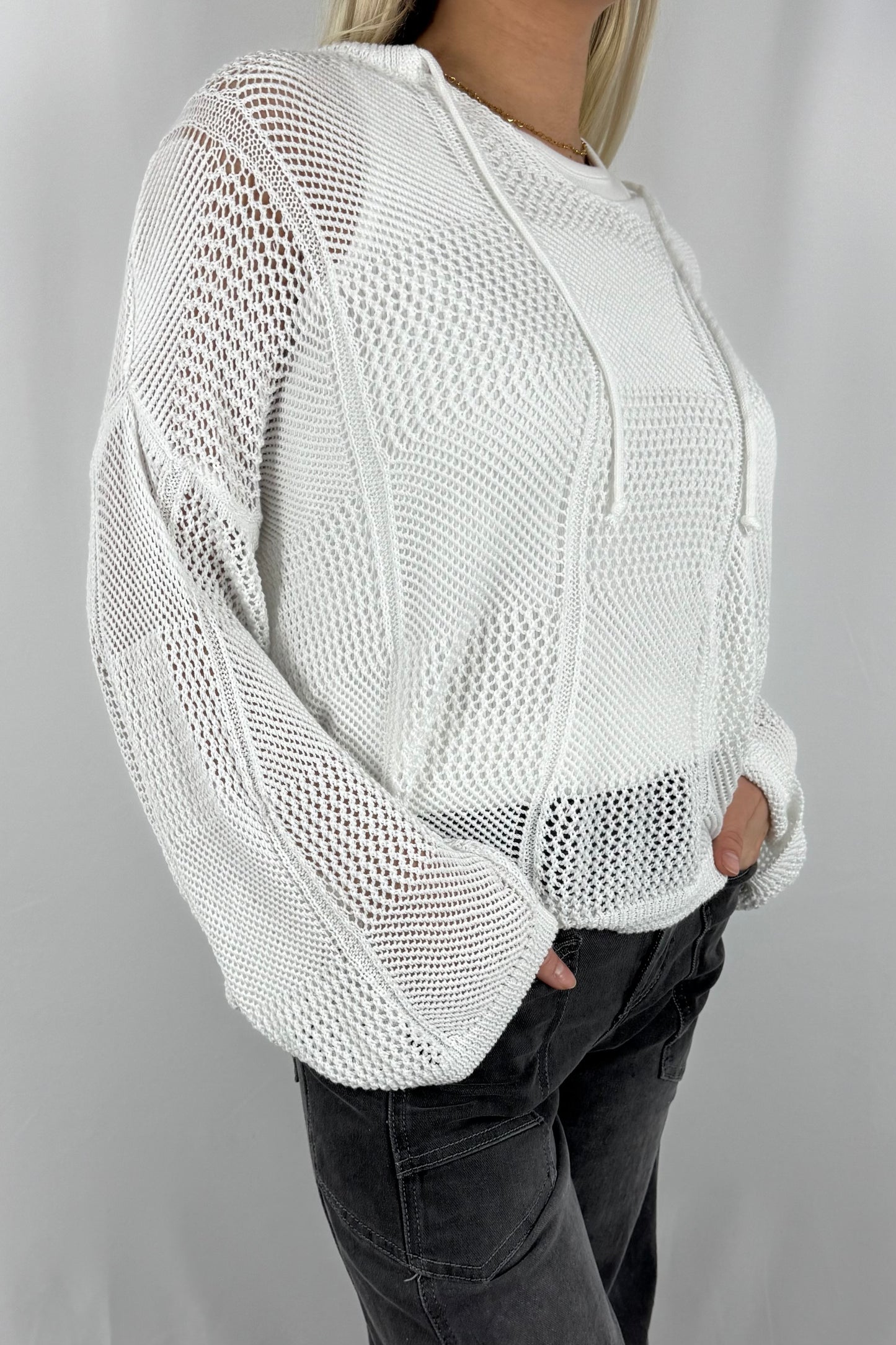 Damen Strick Sweatshirt mit Netzstruktur-Weiß