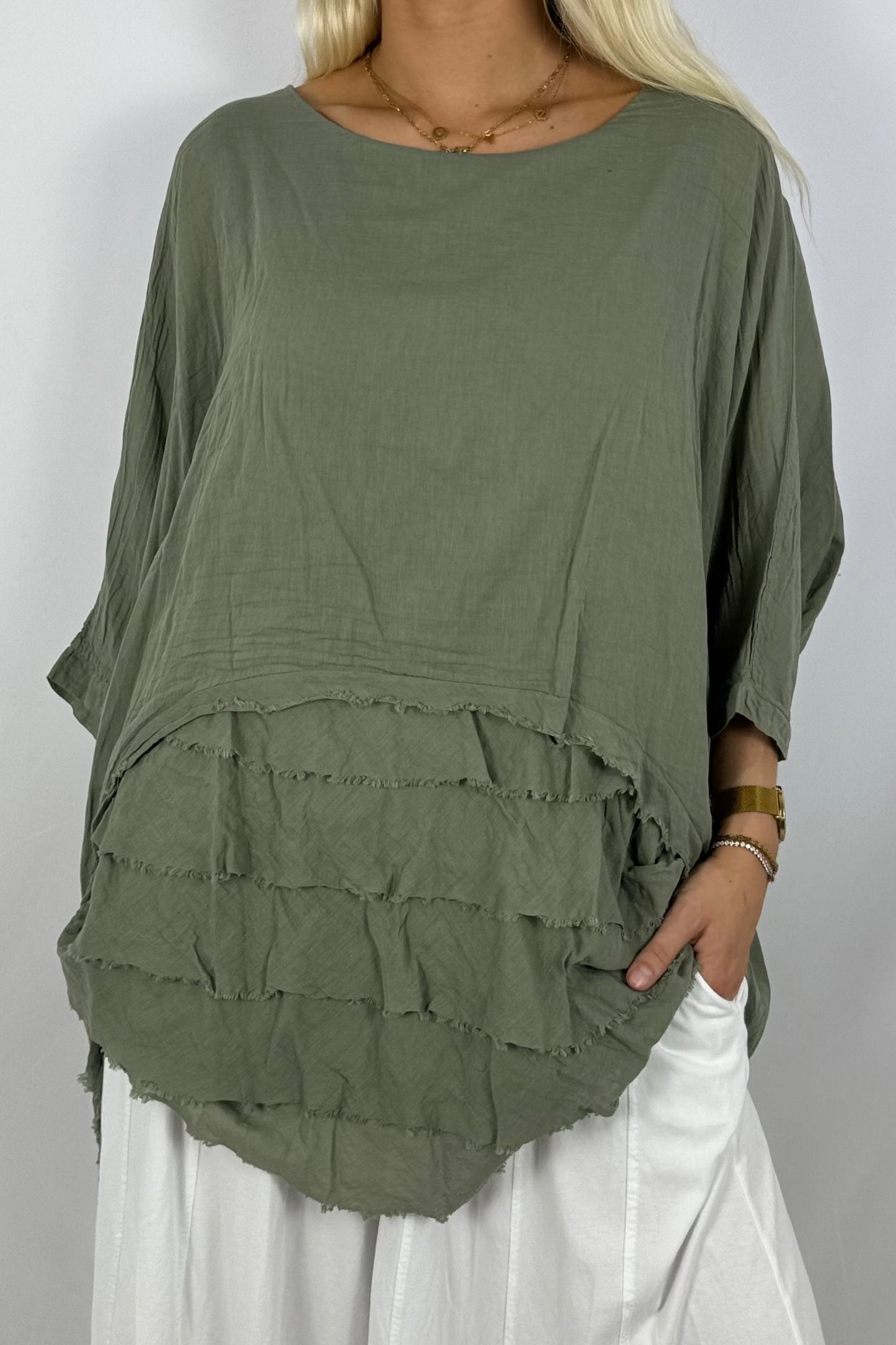 Oversize Baumwollshirt mit Volant-Rückseite-Khaki