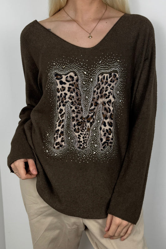 Langarmshirt mit Strass-Detail und M-Applikation-Choco