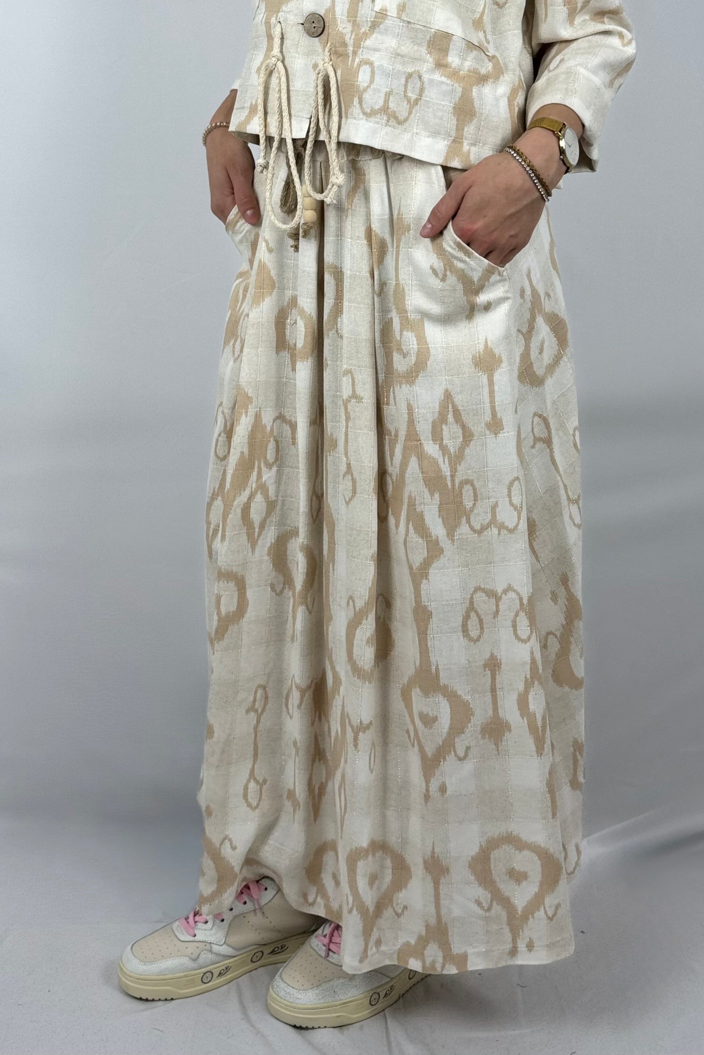 Boho Rock mit Print – Leinen/Viskose-Beige