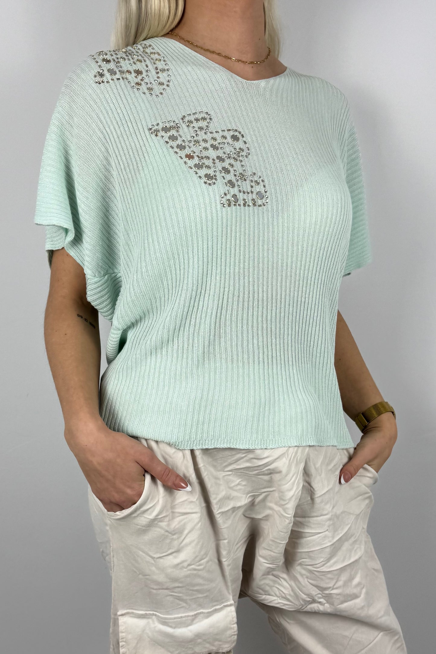 Strickshirt LOVE mit Glitzersteinen Damen-Mint