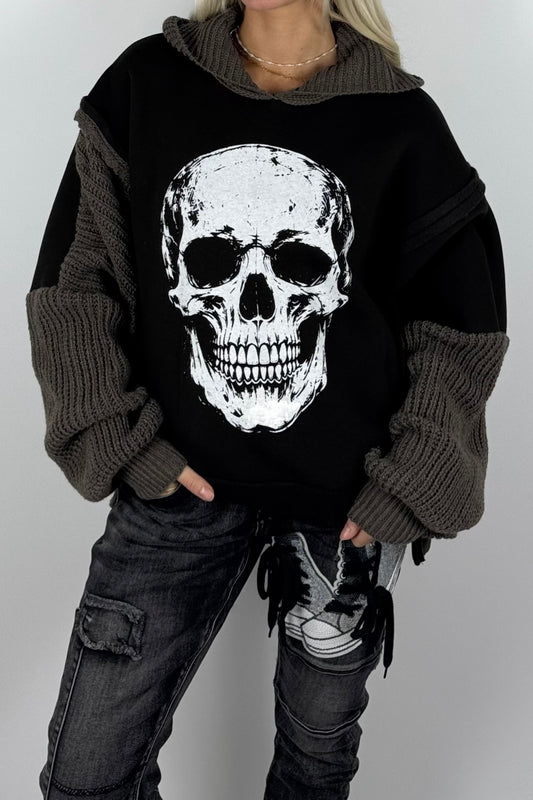 Damen-Hoodie mit Totenkopfprint und Strickdetails-Schoko