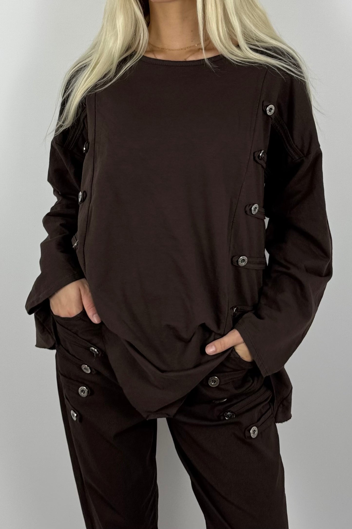 Damen Oversize Shirt mit Knopfdetails – Schoko