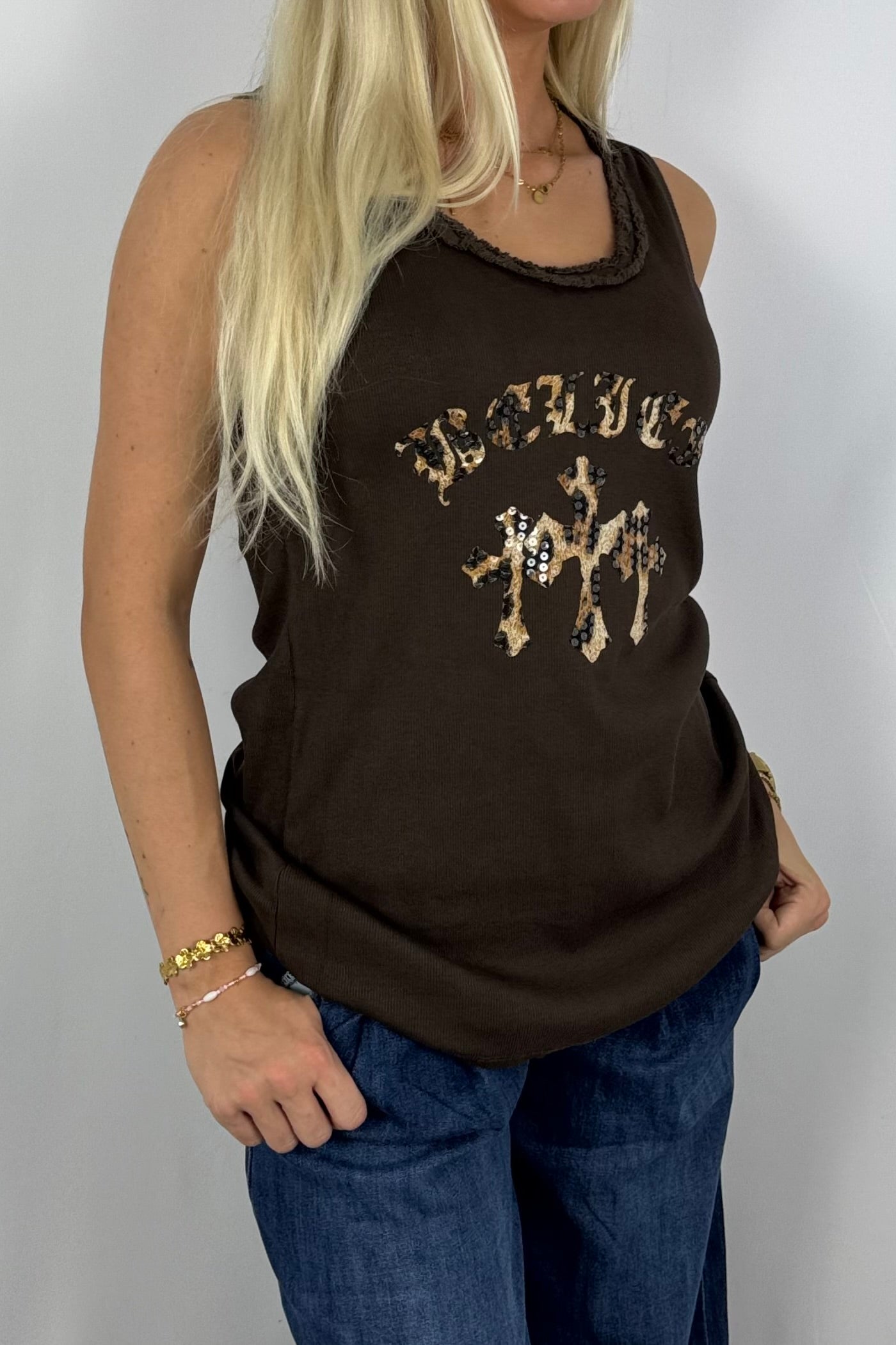 Damen Top mit Leo-Print & Pailletten-Schoko
