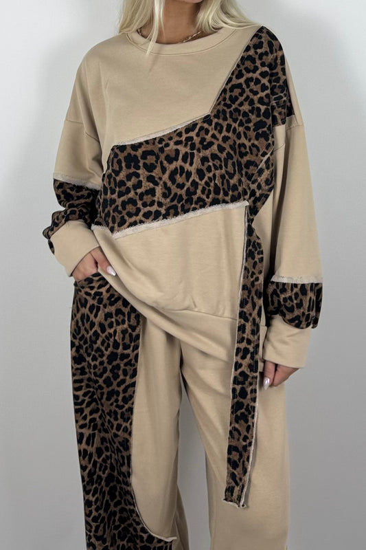 Oversize Damen Sweatshirt mit Leo-Muster & asymmetrischem Design - Beige