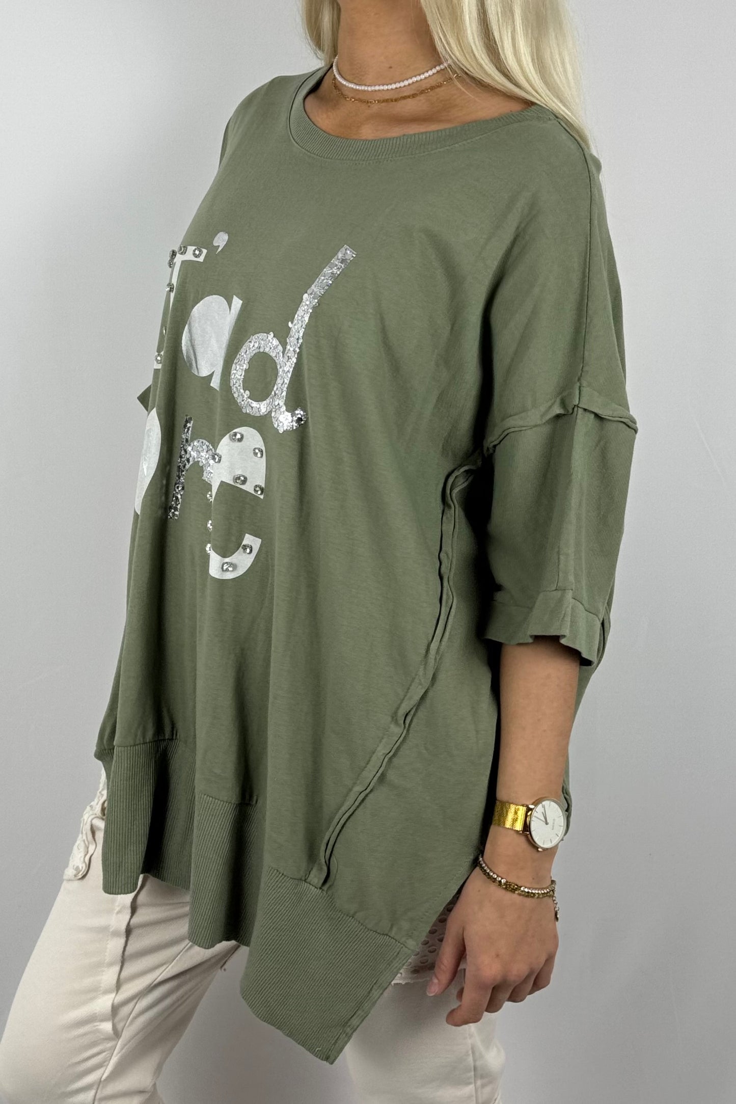 Oversize-Shirt „J’adore“ mit Glitzer-Print-Khaki