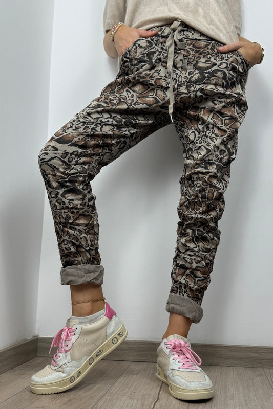 Damen Hose im Animal-Print mit elastischem Bund -Beige