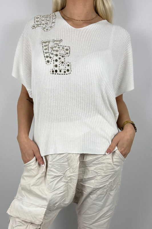 Strickshirt LOVE mit Glitzersteinen Damen-Weiß