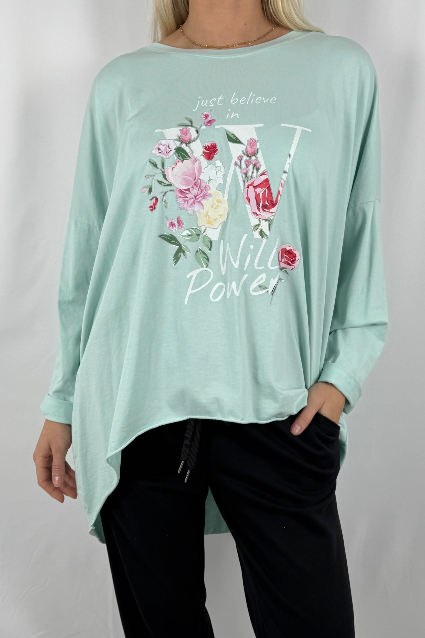 Oversize Damen Shirt mit Love Will Power Print-Mint