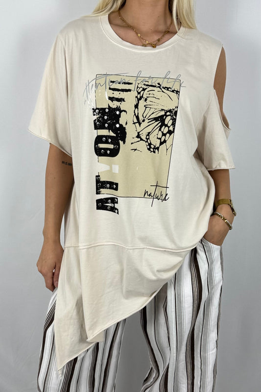 Asymmetrisches Shirt mit Print & Cut-Out-Details – modern und bequem-Beige