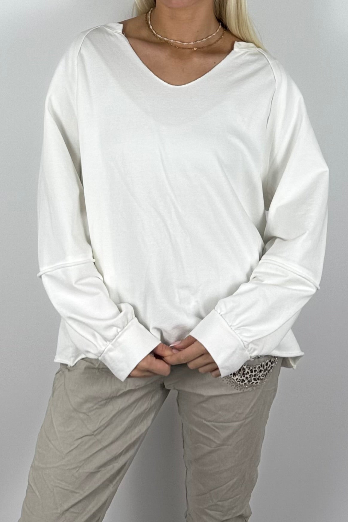 Damen Oversize-Sweatshirt mit V-Ausschnitt-Weiß