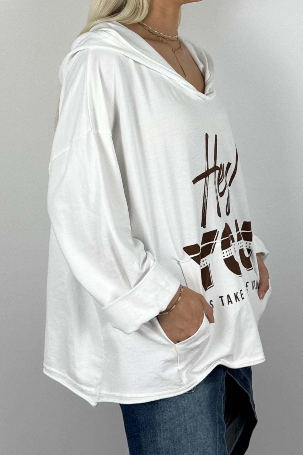 Damen Oversize Hoodie „Hey You“ mit Kapuze – Weiß