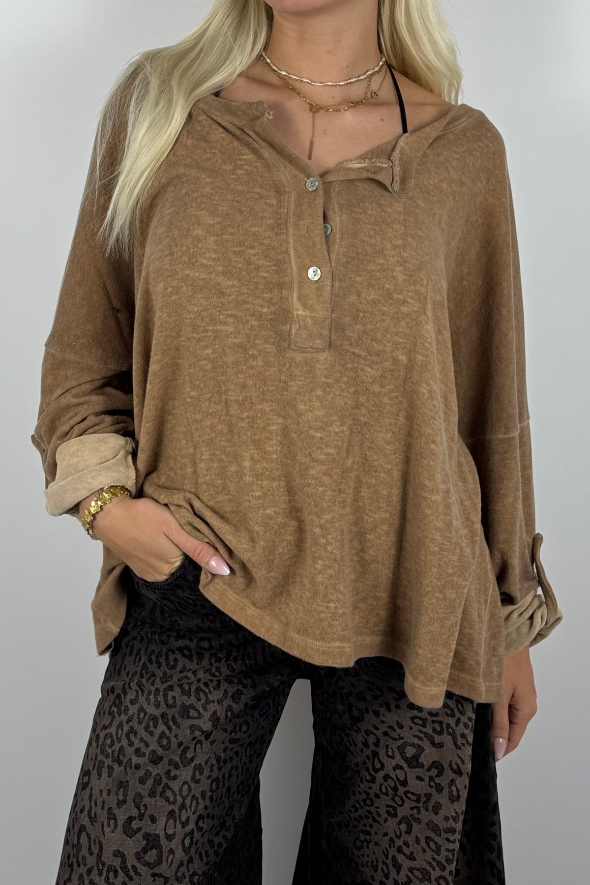Oversize Shirt mit Knopfleiste-Kamel