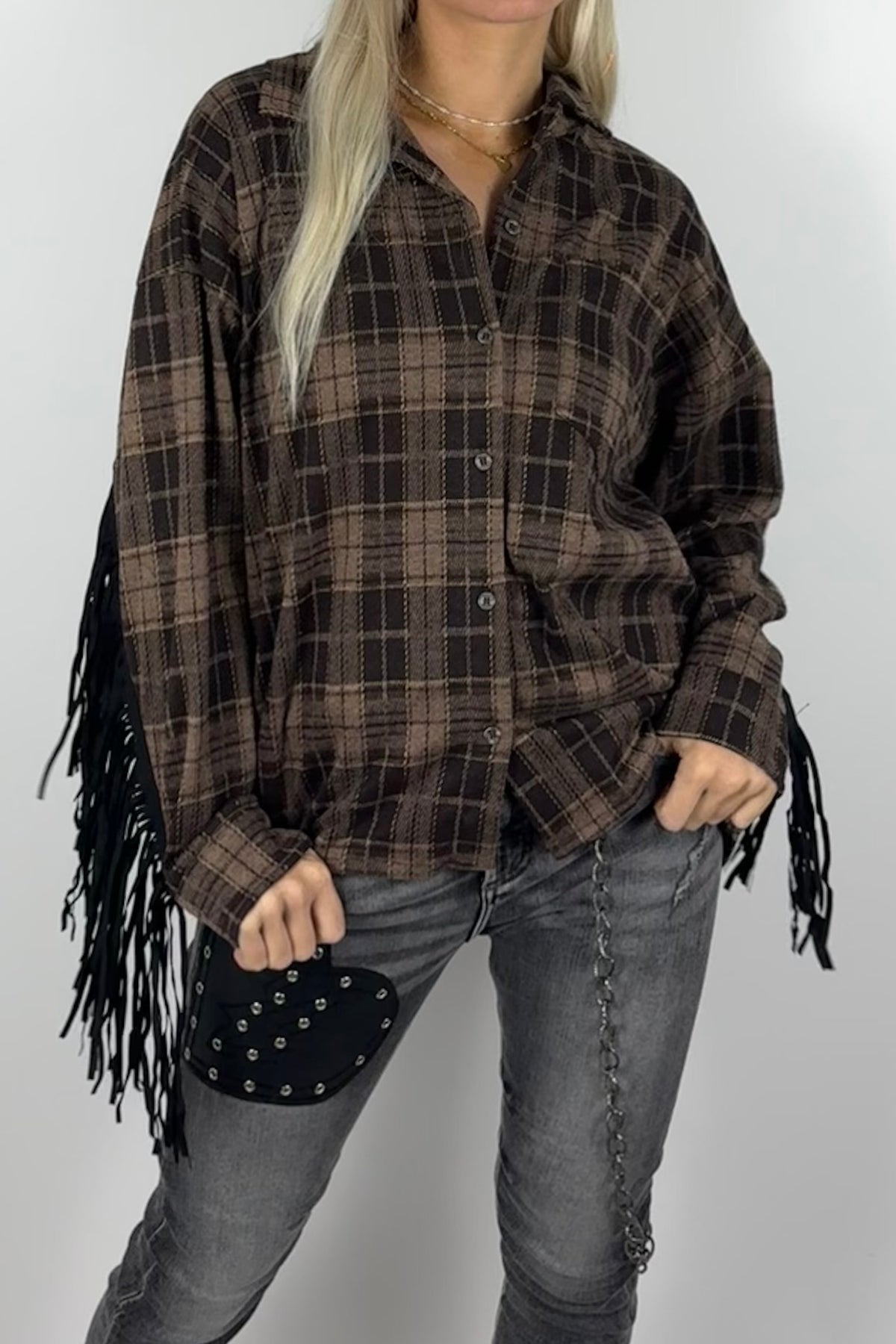 Damen-Karobluse mit Fransen-Schoko