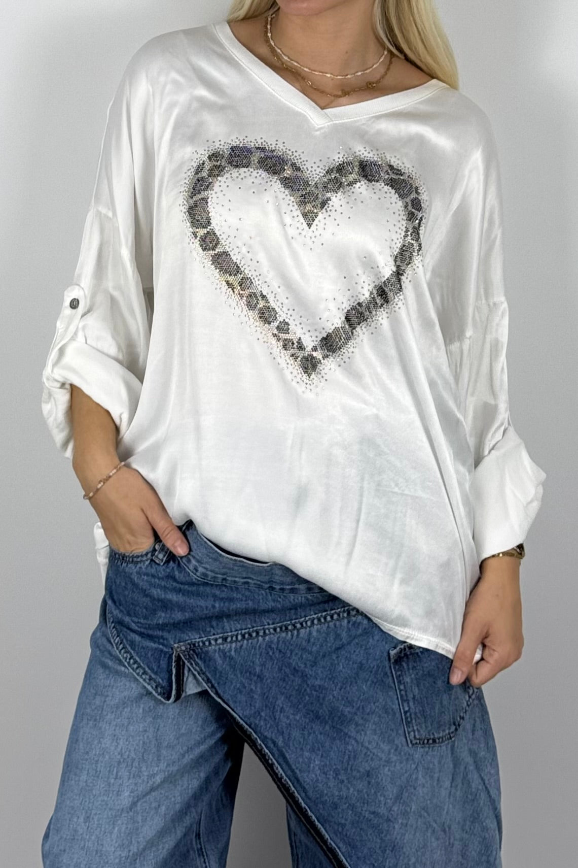 Damen Oversize Shirt mit Herz & Glitzer – Weiß