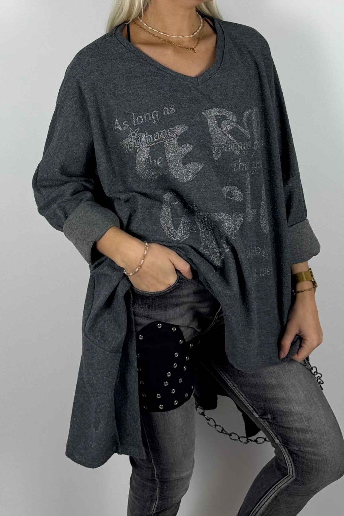 Damen-Sweatshirt mit V-Ausschnitt und Glitzerprint-Anthrazit