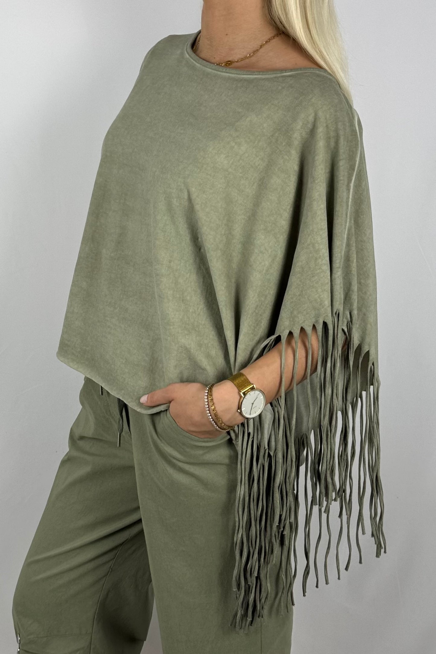 Fransen-Shirt aus Baumwollmix-Khaki