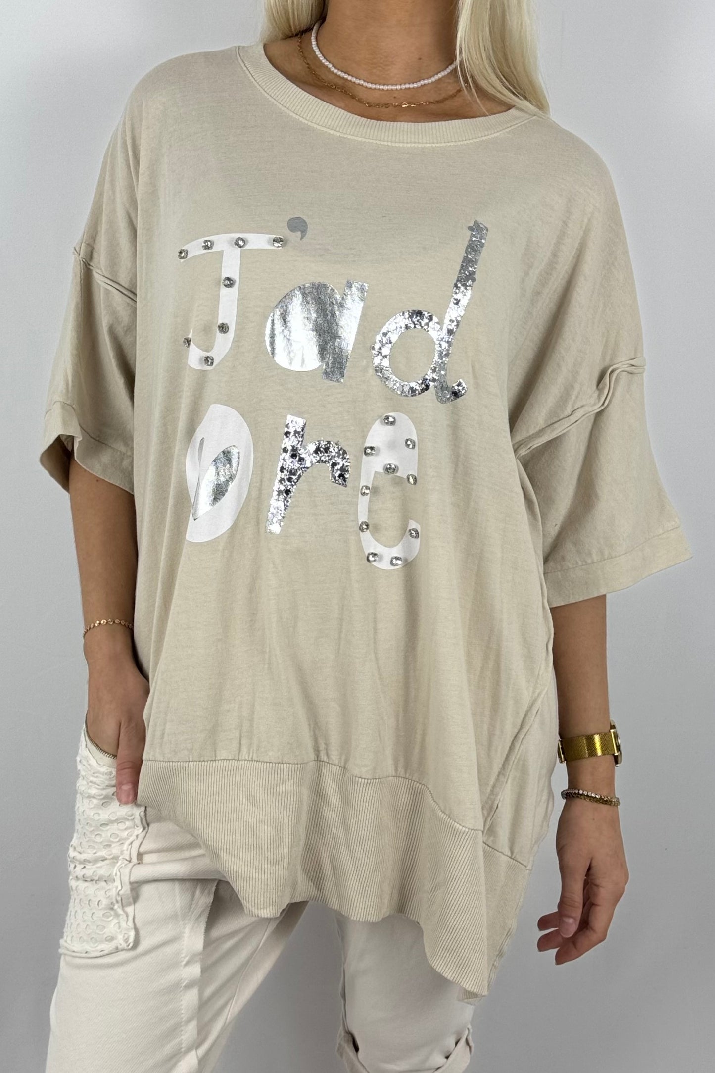 Oversize-Shirt „J’adore“ mit Glitzer-Print-Beige